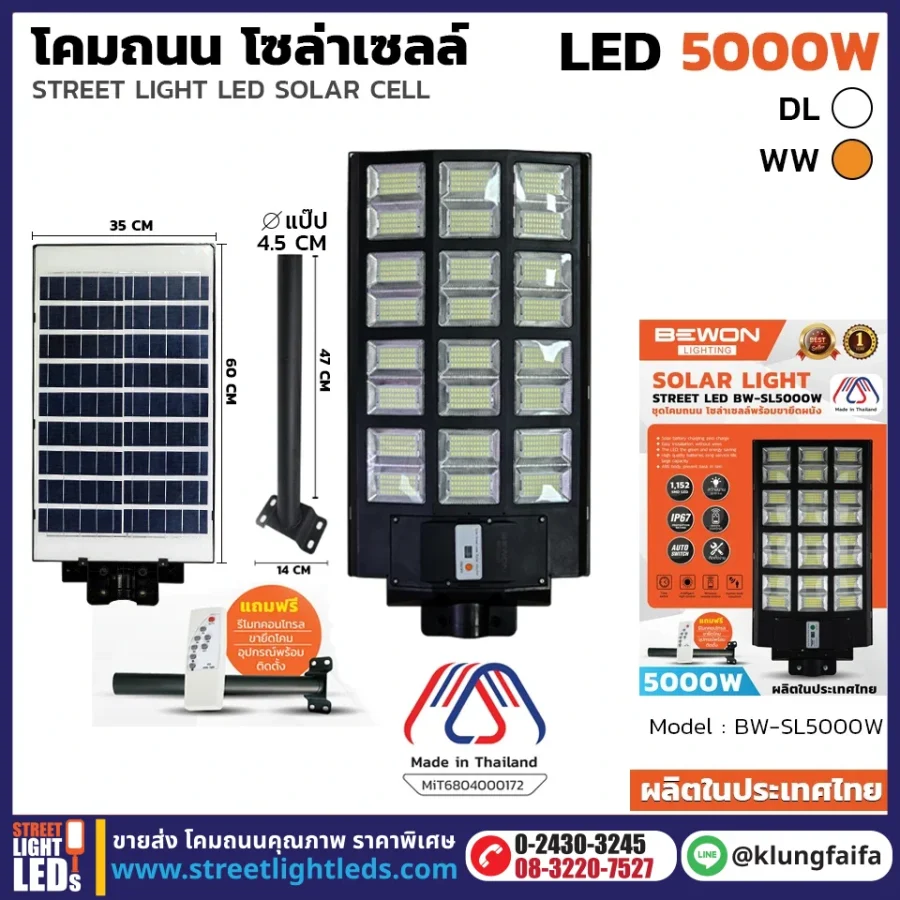 BEWON : โคมถนนโซล่าเซลล์แผงในตัว 5,000W