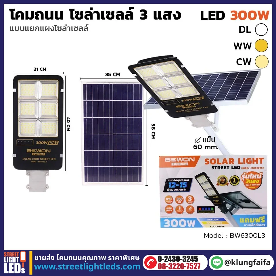 BEWON : โคมถนนโซล่าเซลล์แผงแยก 300W